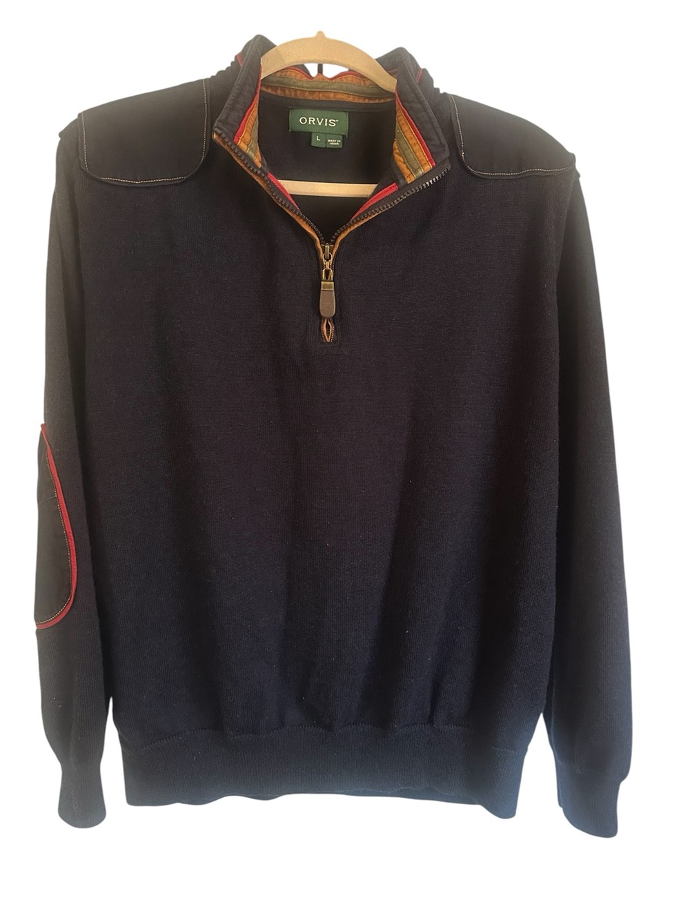 Orvis Merino wool navy elbow patch sweater men’s large